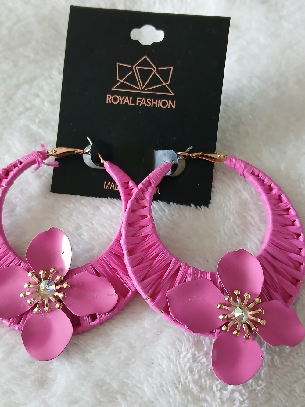 Woven Pink Floral Hoop Earrings + Gold Starburst by ROYAL Fashion - NWT on Card